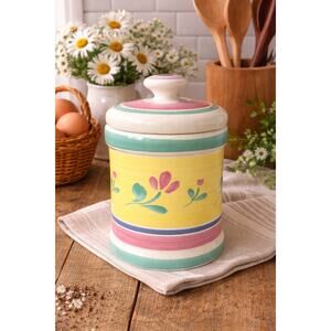 Vintage 1980s Country Kitchen Canister – Floral Pastel Ceramic ar with Lid